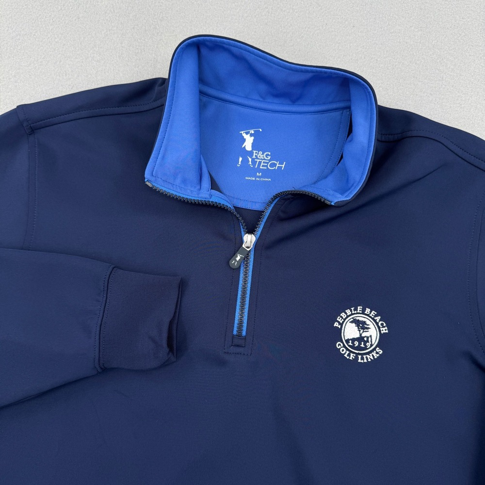 F&G Tech Pebble Beach Golf Links Mens Medium Navy Blue Quarter 1/4 Zip Pullover